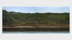 Composite of painting of shoreline with trees