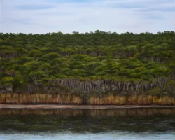 Painting of shoreline with trees