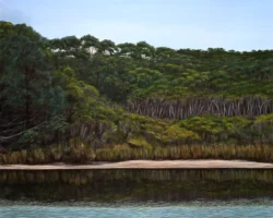 Painting of shoreline with trees