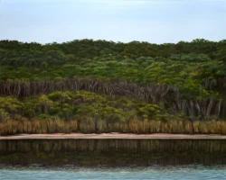 Painting of shoreline with trees